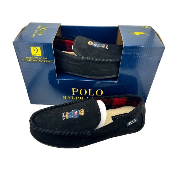 NIB POLO RALPH LAUREN Men's Sz 9 Bear Flag Moccasin Slippers Declan Black Suede - Picture 1 of 9